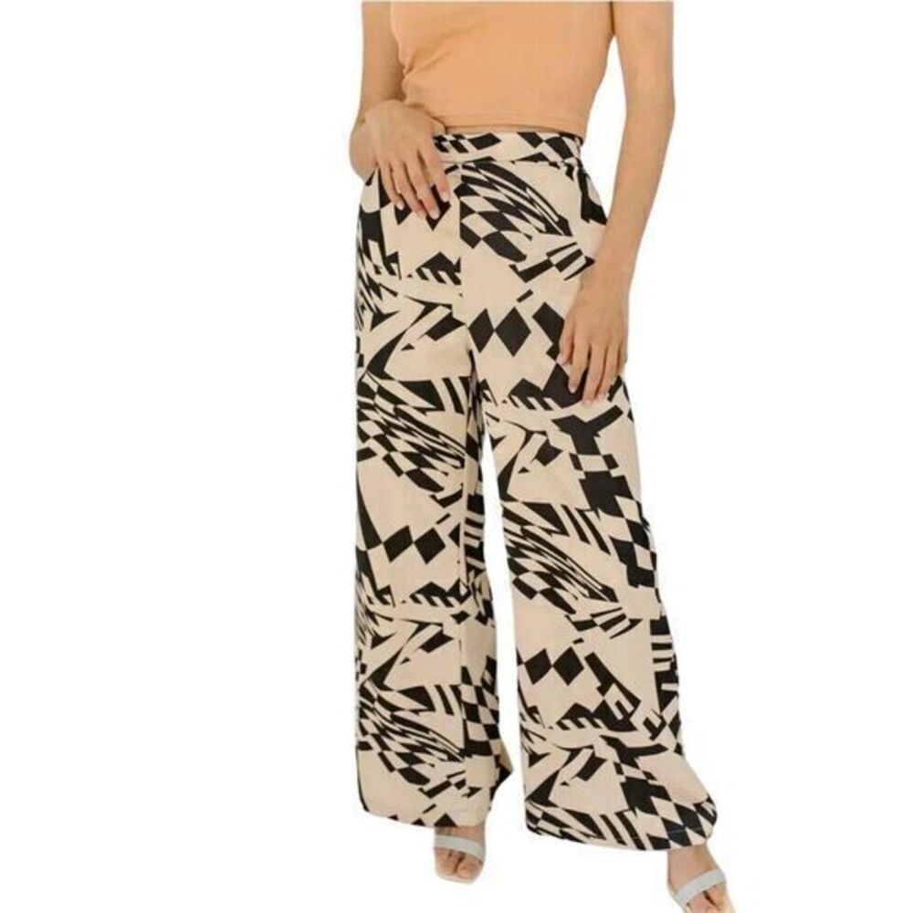 Rebels & Lovers Abstract Satin Wide Leg Pants Womens M Highrise Flowy Artsy Boho - Picture 3 of 14